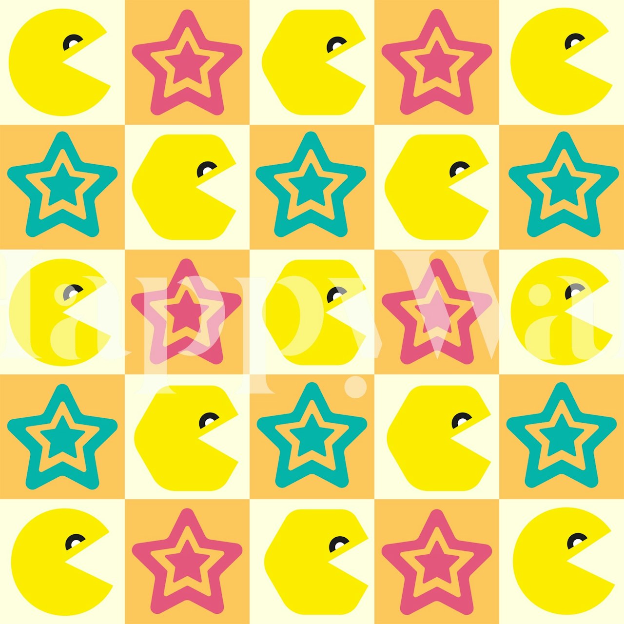 Colorful geometric pattern featuring yellow Pac-Man shapes and teal stars wallpaper