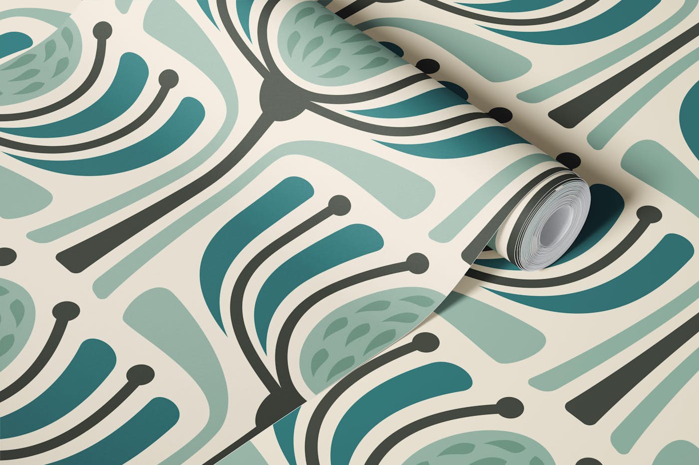 Mid-Century Modern Bloom in Teal - L wallpaper roll