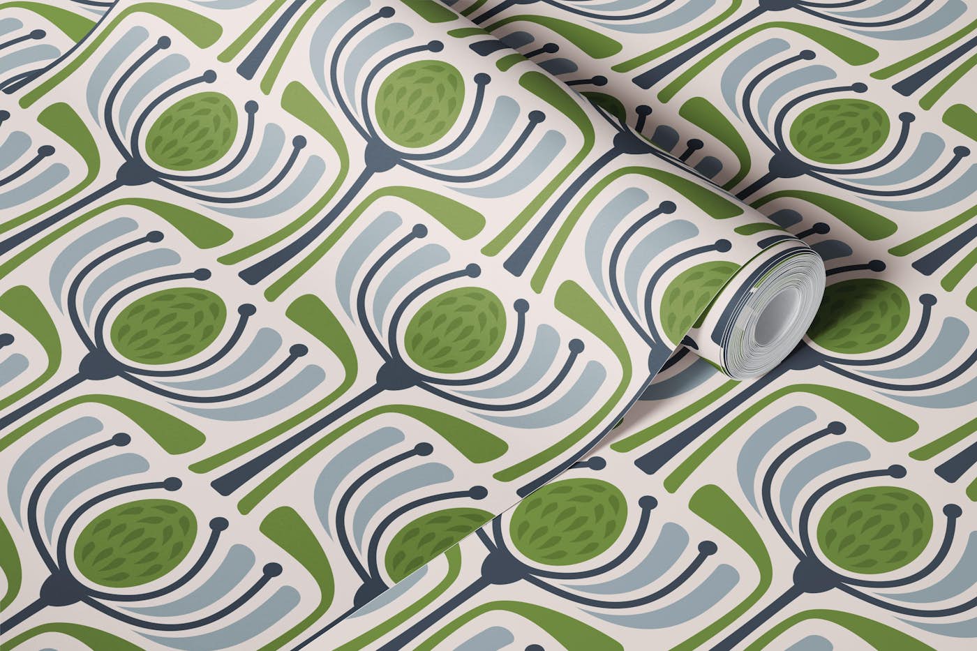 Mid-Century Modern Bloom in Green - S wallpaper roll