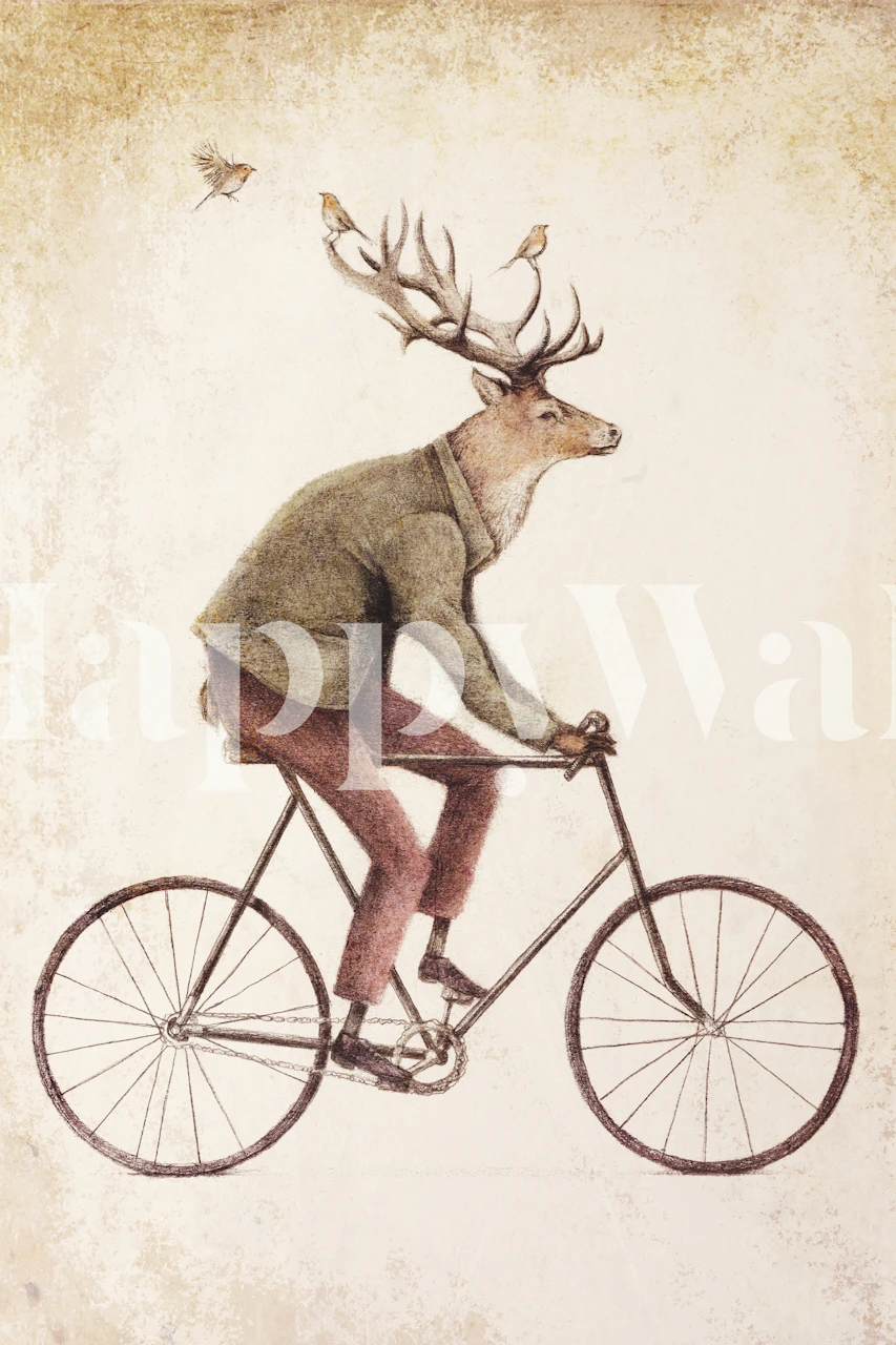 Jeleń w męskim ubraniu jadący na rowerze fototapeta