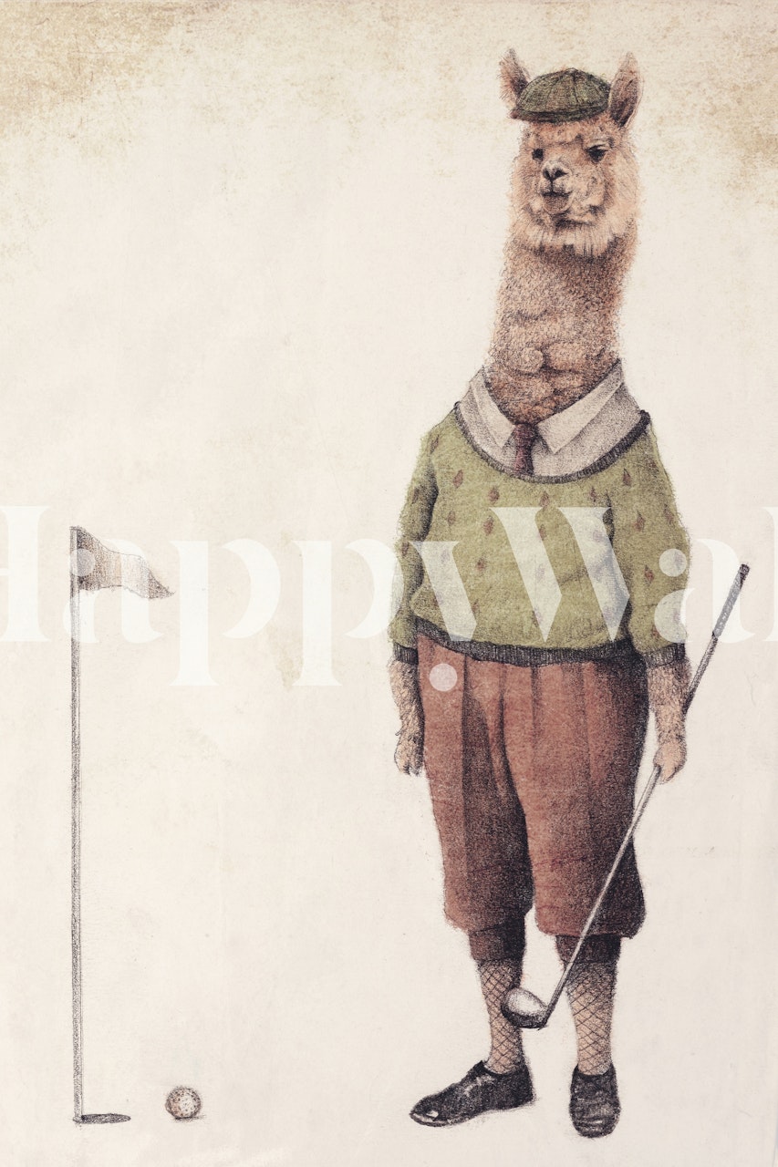 Fototapeta przedstawiająca alpakę w stroju golfowym gotową do gry, na teksturowanym tle.