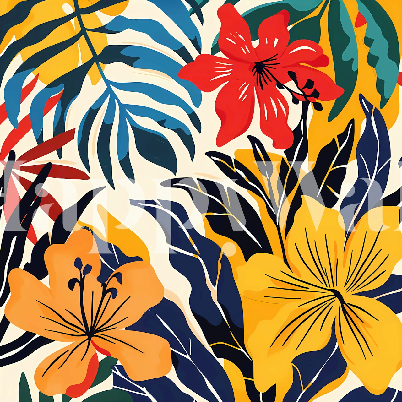 Design della carta da parati Jungle Flower Symphony in una stanza