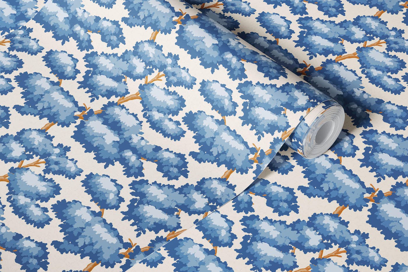 Foliage trees in blue wallpaper roll