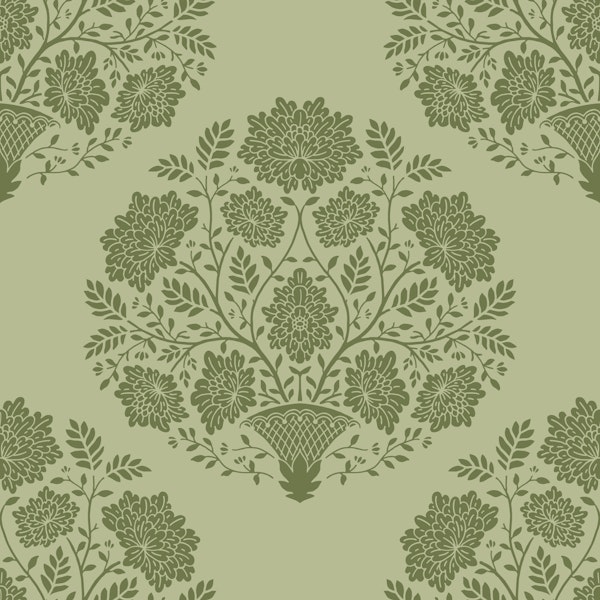 Damask flower basket in green