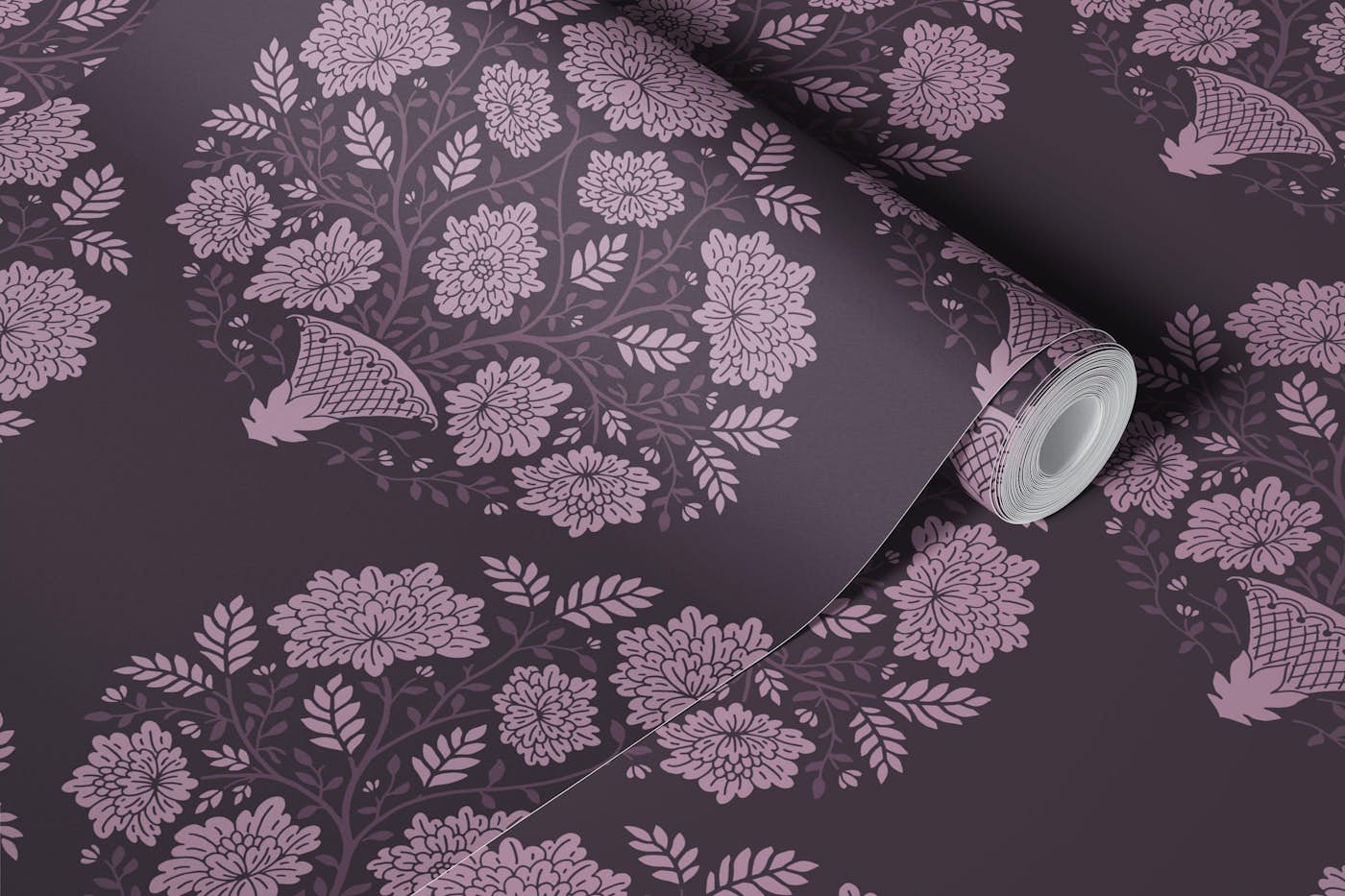 Damask flower basket in lavender wallpaper roll