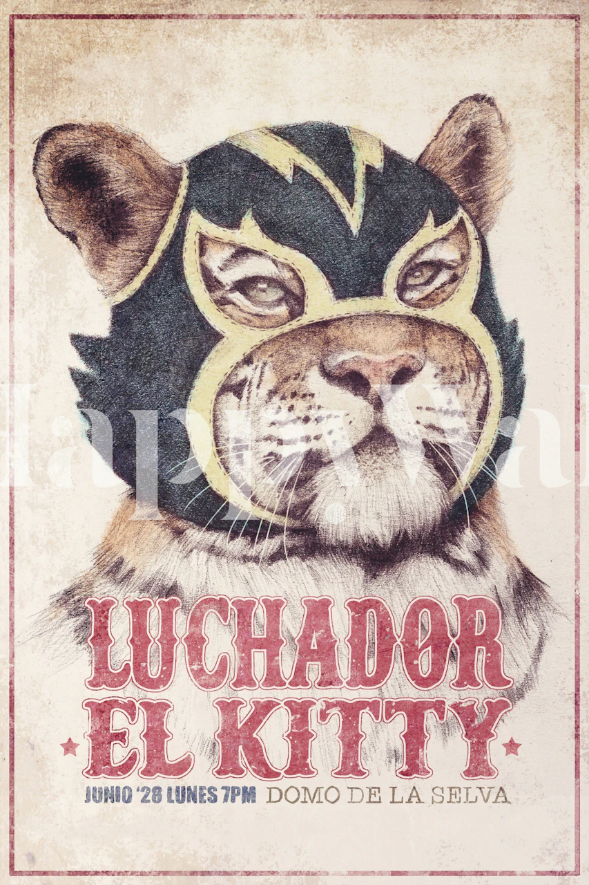 Colorful El Kitty cat wearing a mask, vintage style wallpaper