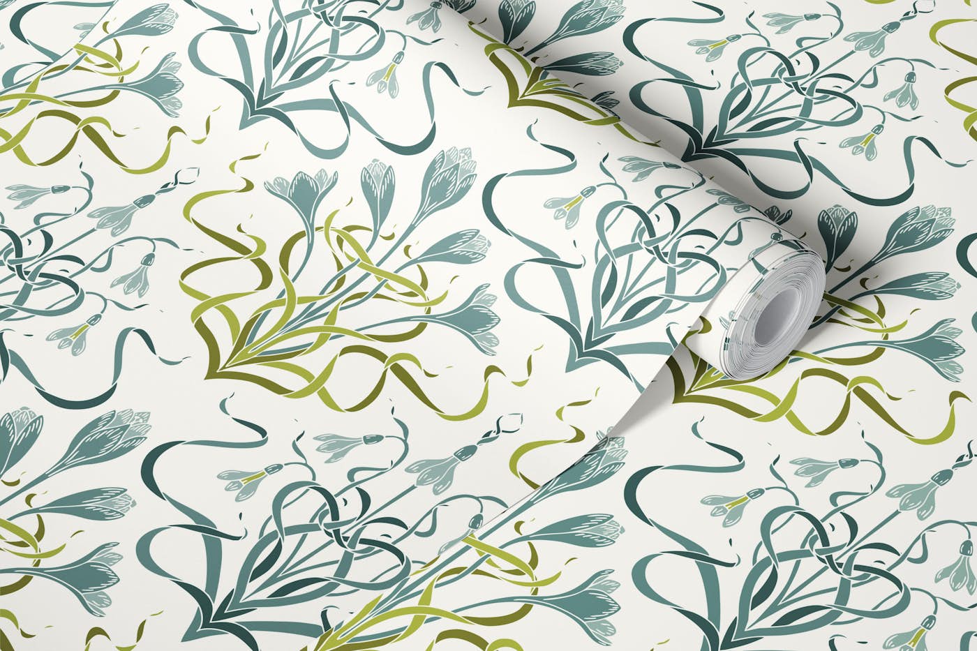 Art nouveau snowdrop and crocus in blue wallpaper roll