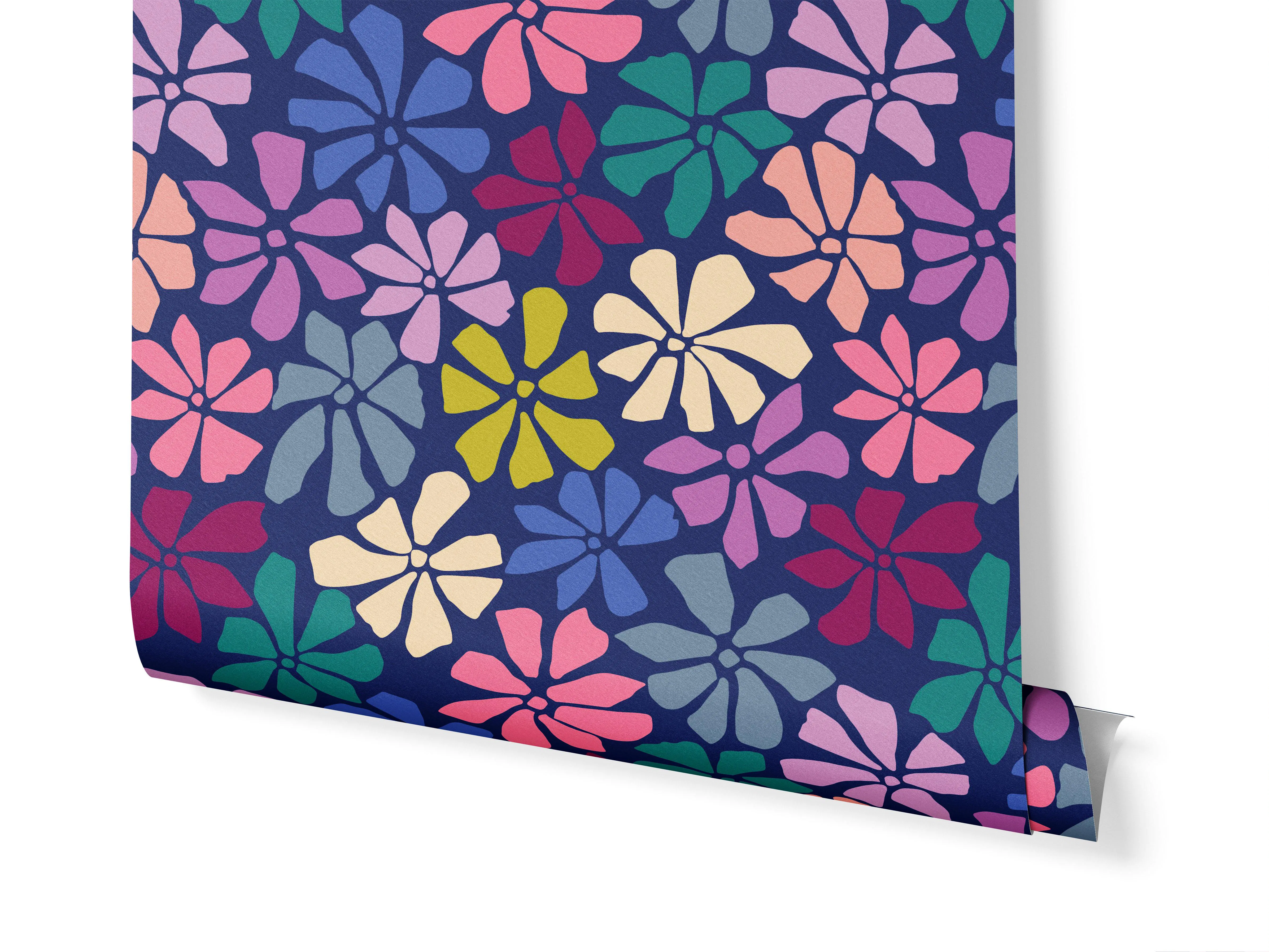 bold moody flower blooms on dark navy wallpaper roll