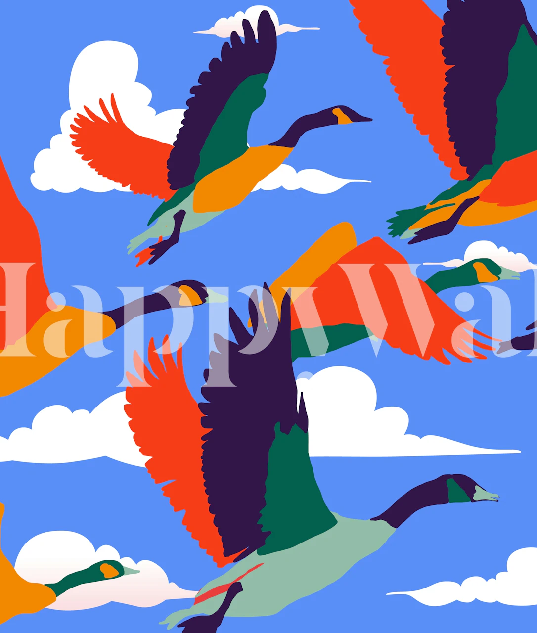 Colorful flying geese with bright blue sky and clouds wallpaper