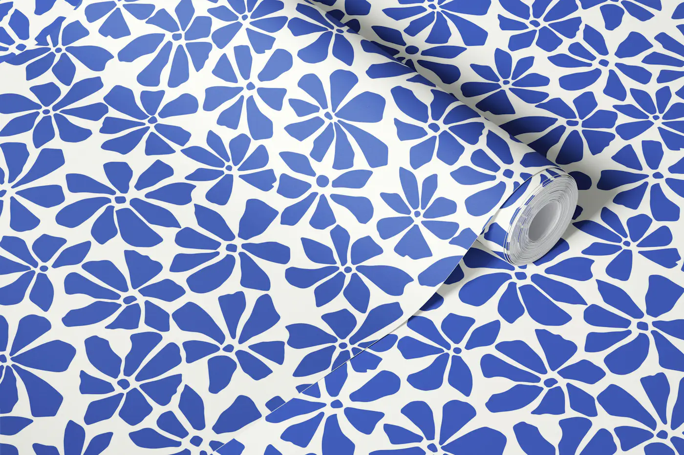 Retro maximalist floral blue on ivory wallpaper roll