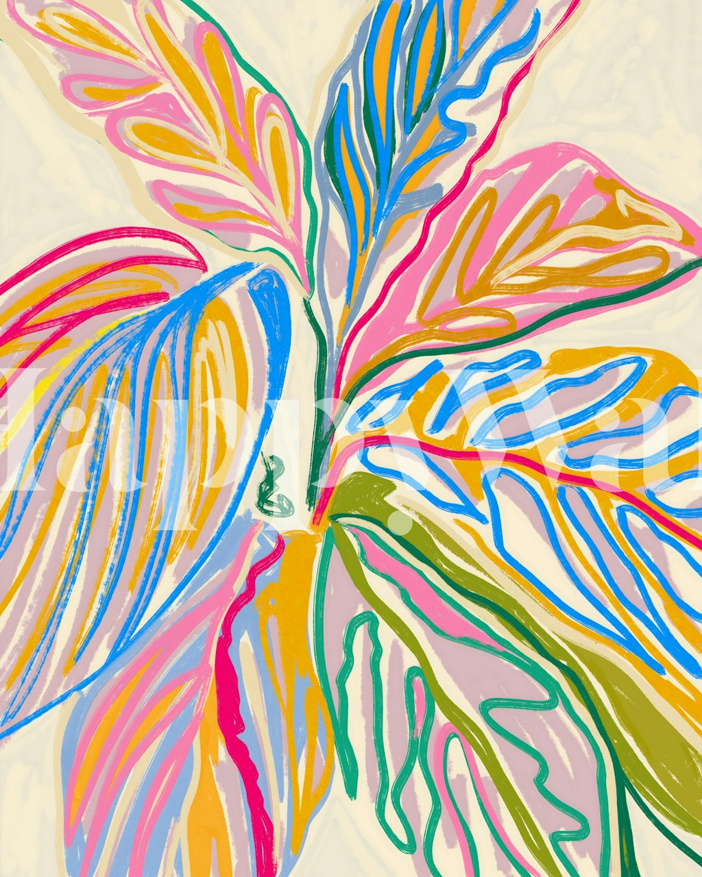 Bold colorful floral pattern with pink, blue, green leaves wallpaper