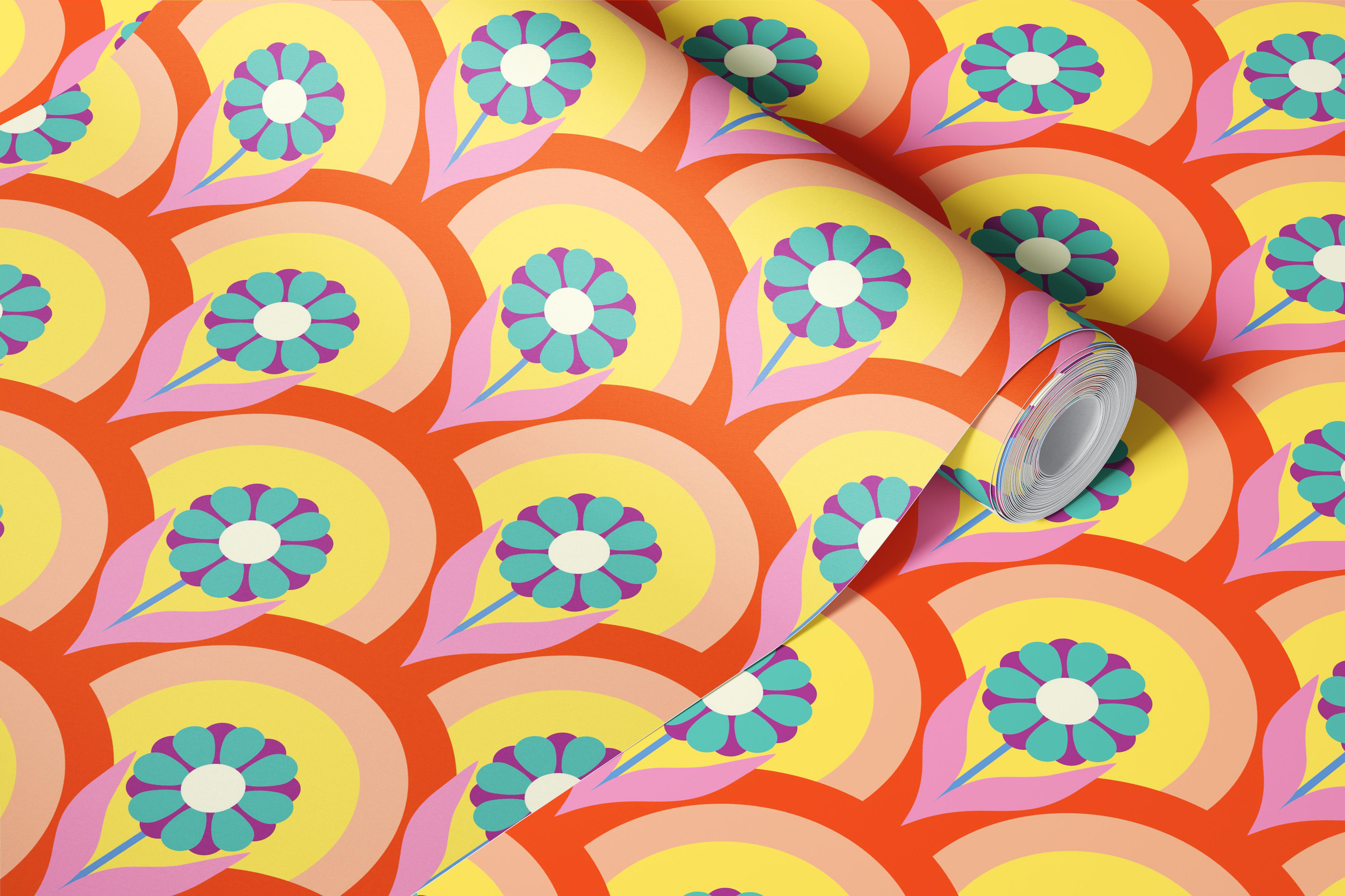 Colorful floral patterns with orange, teal, and yellow layers wallpaper