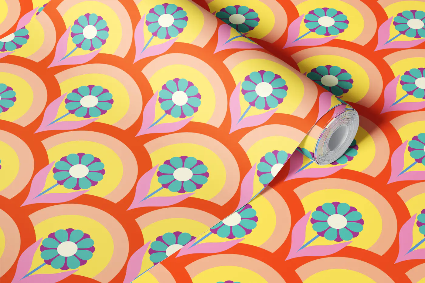 Jumbo retro maximalist floral rainbow wallpaper roll