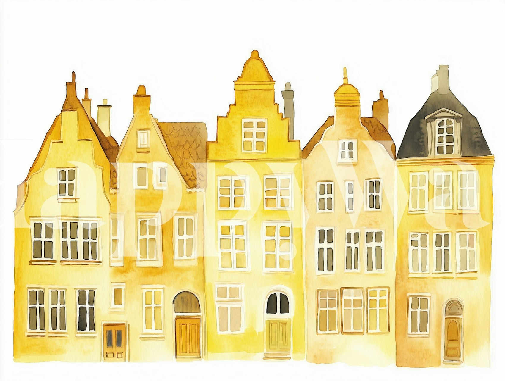 Charming Butter Yellow Town Houses design de papel de parede