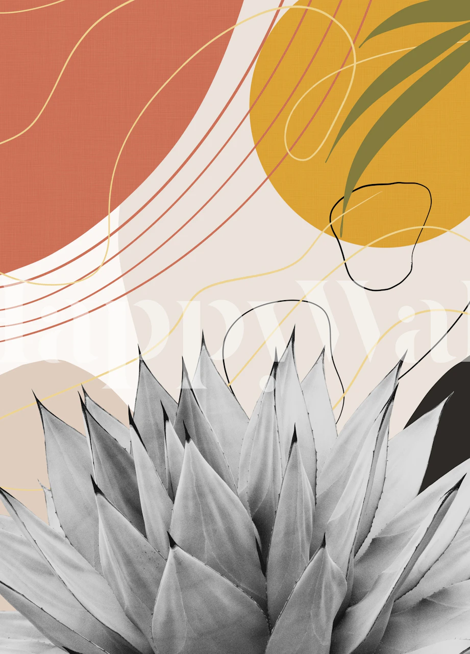 Abstract agave plant with orange and yellow circular patterns wallpaper