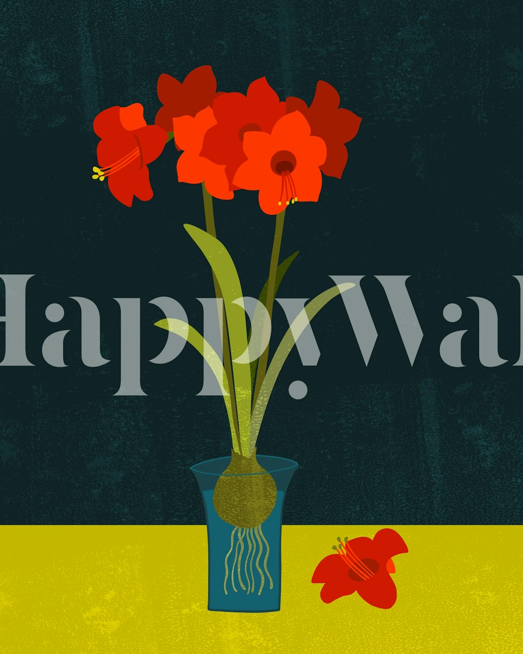 Red amaryllis flowers in vase with green leaves and blue background wallpaper