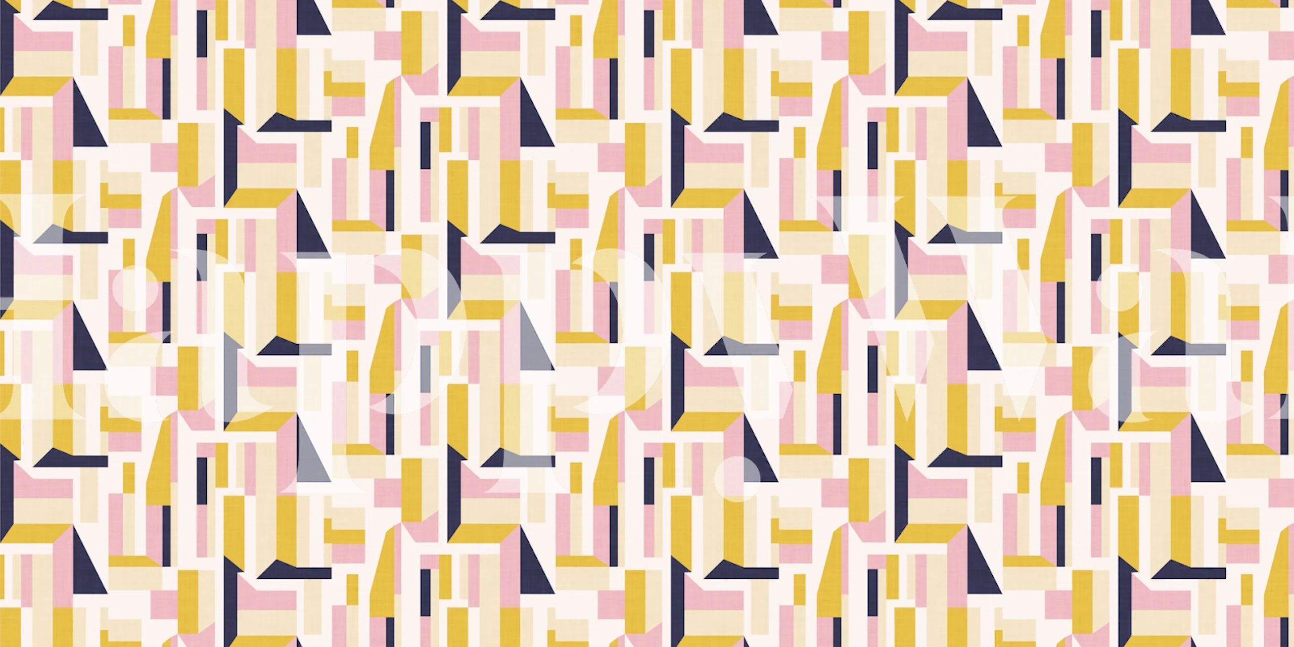 Geometric patterns in pink, yellow, and navy wallpaper