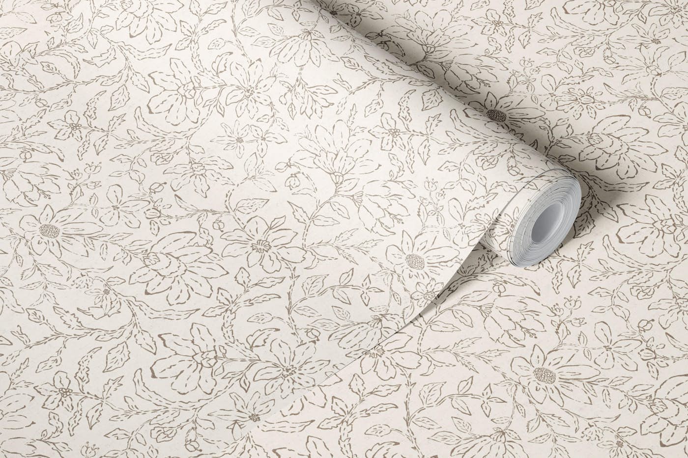 Indian block print floral neutral outline wallpaper roll