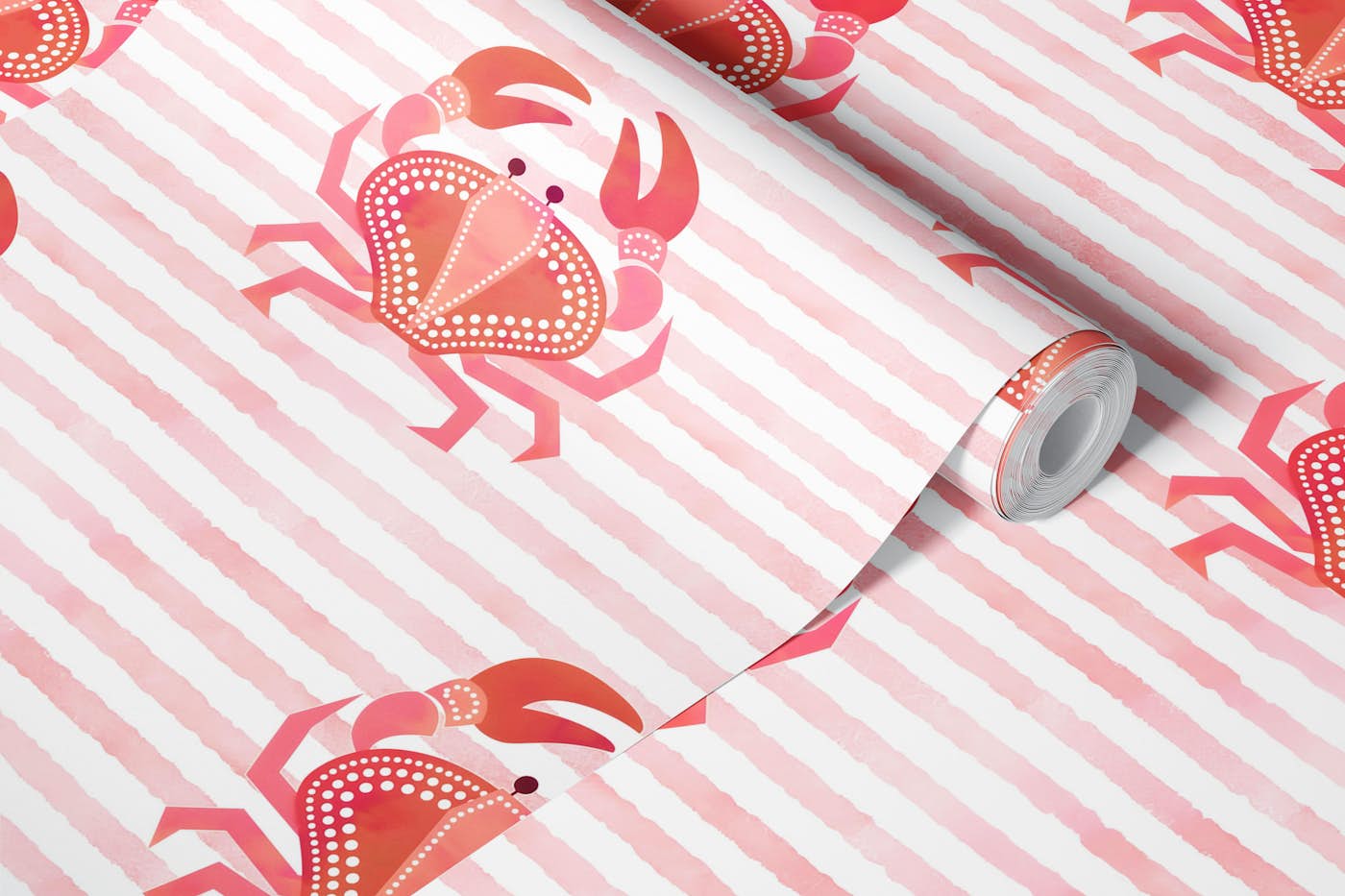 Watercolor Crab Stripes wallpaper roll