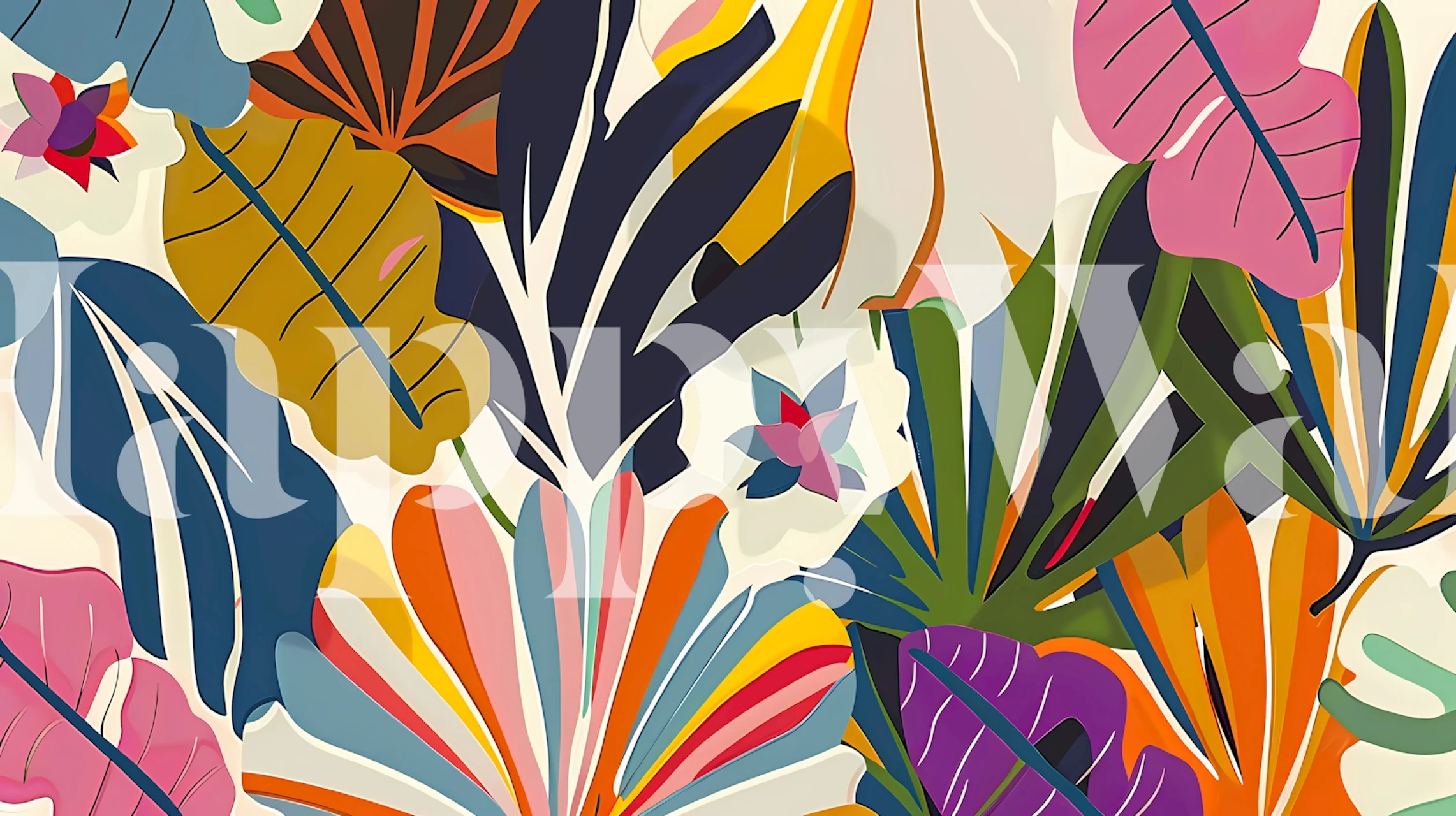 Colorful tropical leaves and flowers in various shapes and sizes wallpaper