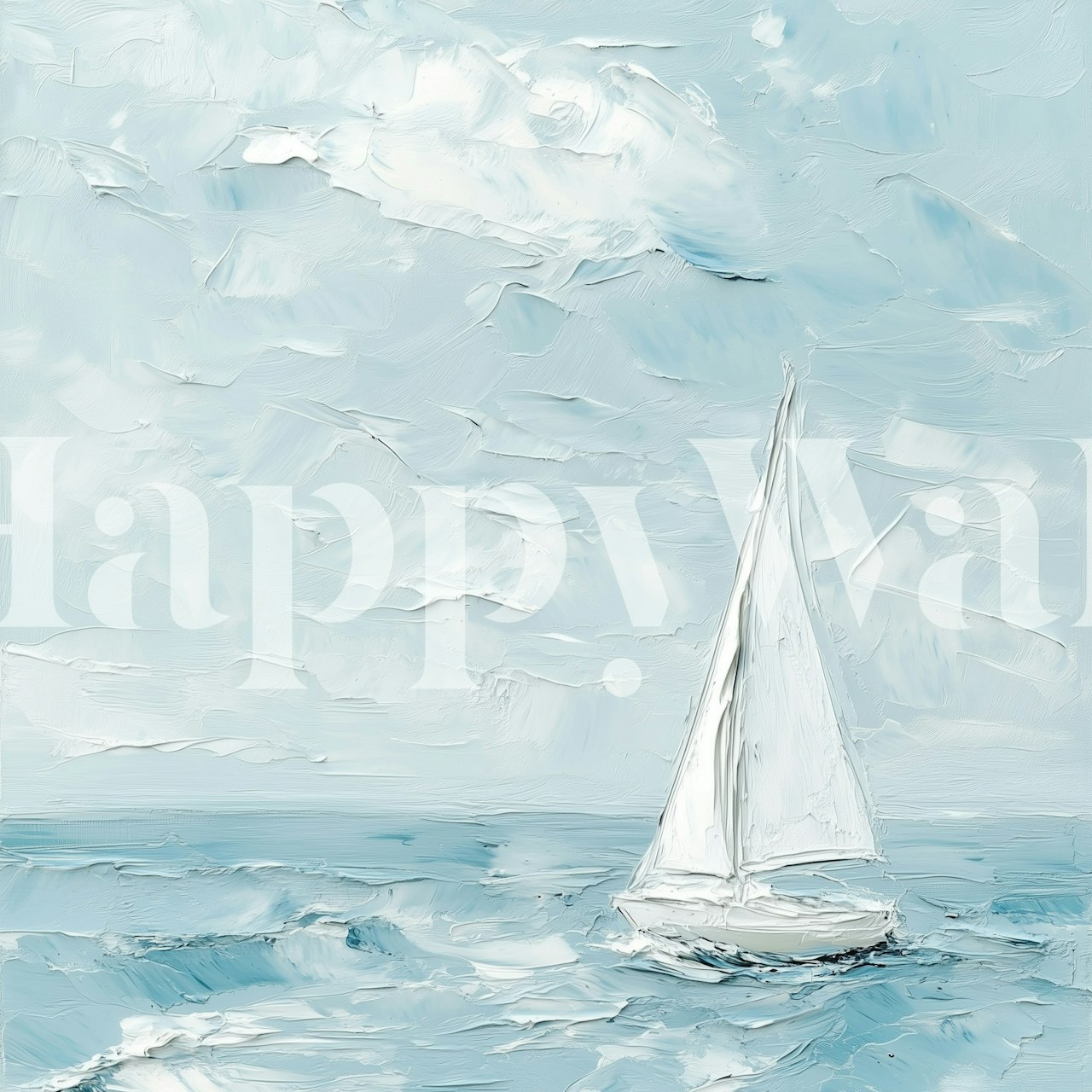 Sailboat on ocean with clouds in light blue tones wallpaper