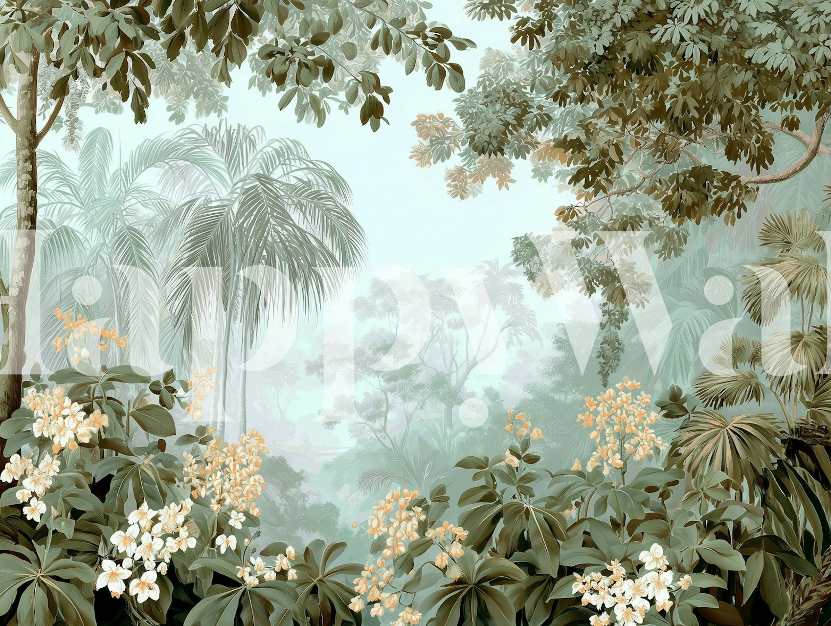 Dense tropical foliage and flowers in soft greens and creams wallpaper