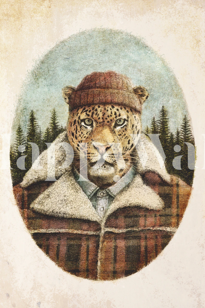 Leopard wearing a hat and plaid shirt in forest setting wallpaper