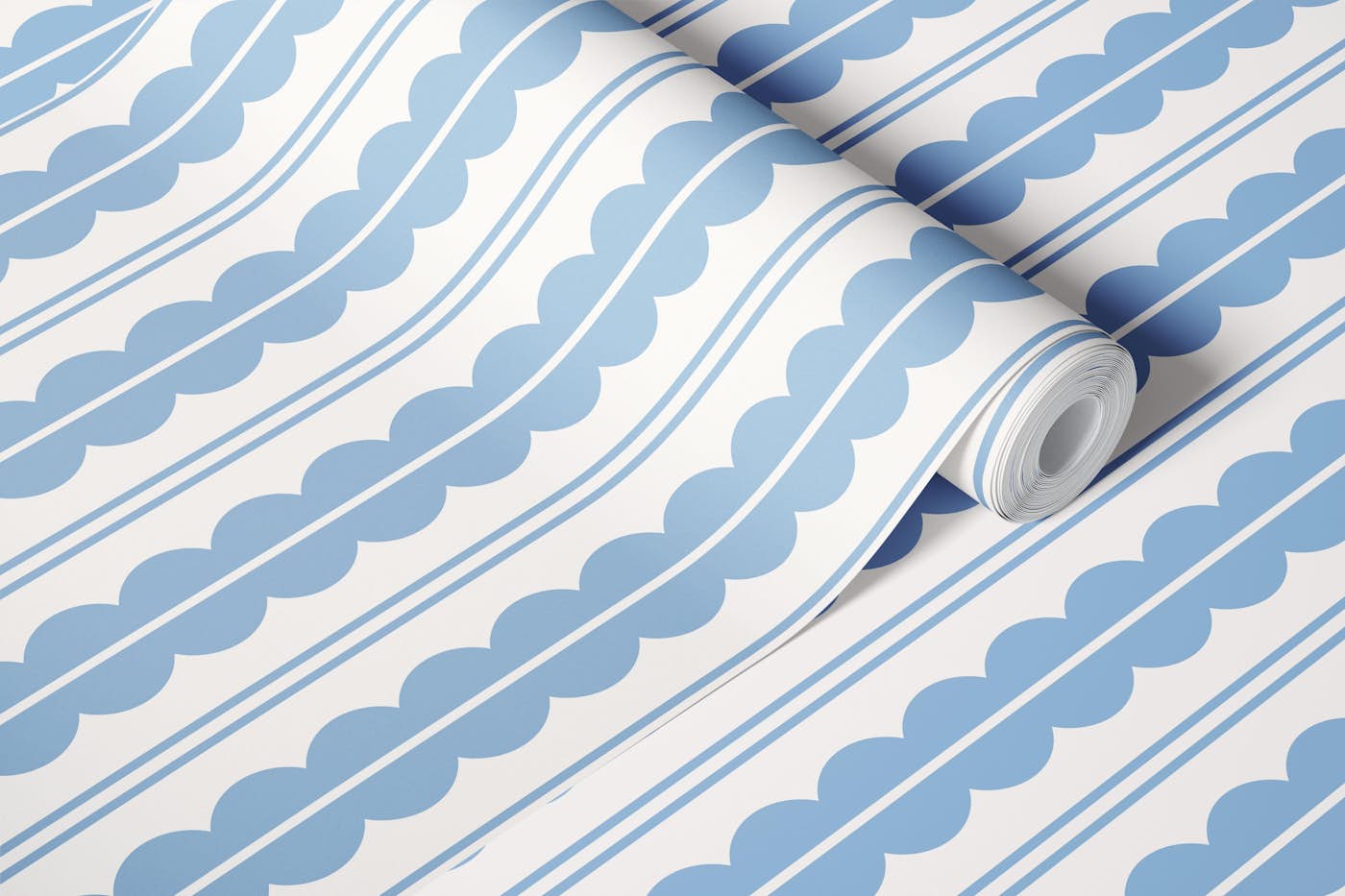 Scallops and stripes - cerulean blue wallpaper roll