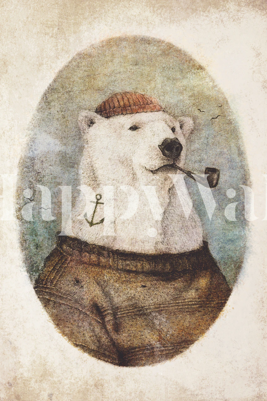 Hupaisa jääkarhu merimies kuvitus seinämaalaus vintage taustalla