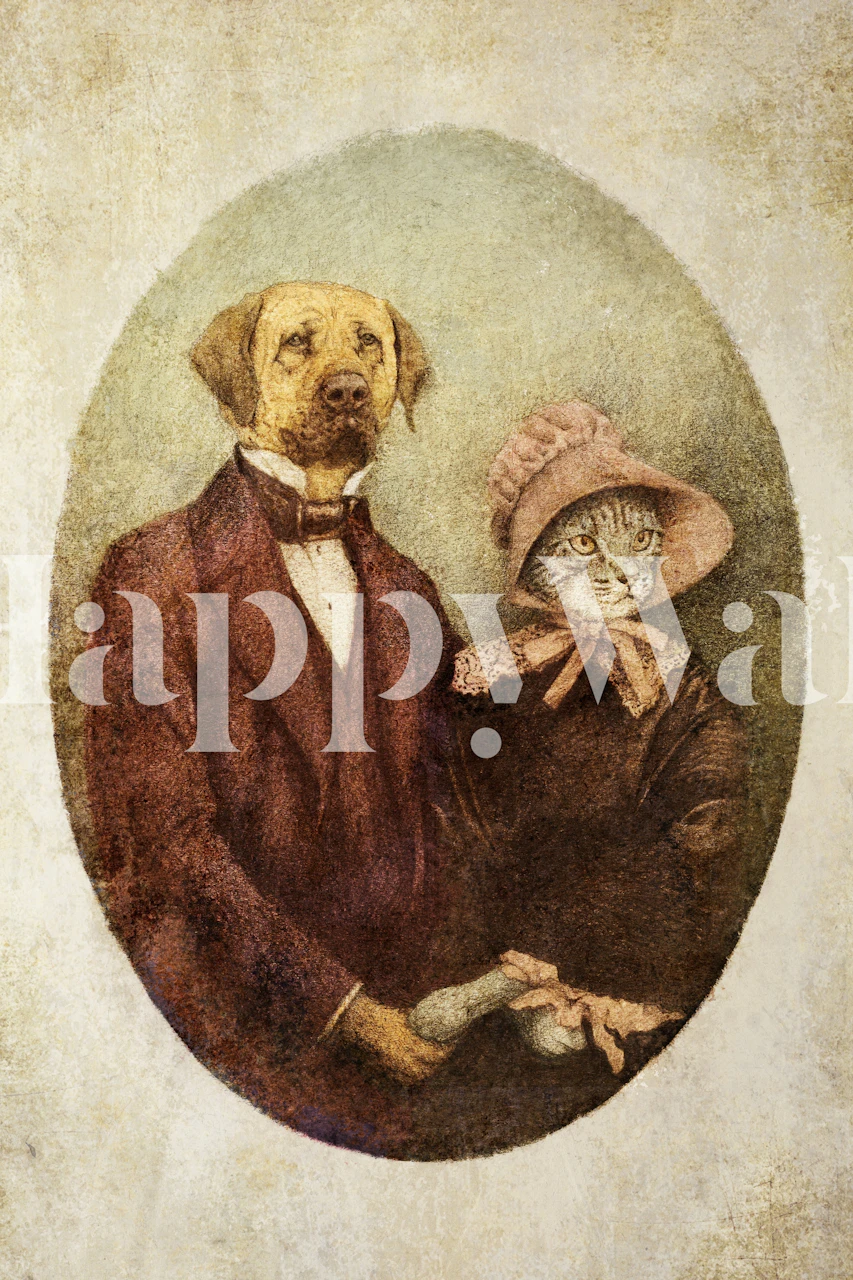 Vintage pet portrait of a dog and cat in formal attire wallpaper