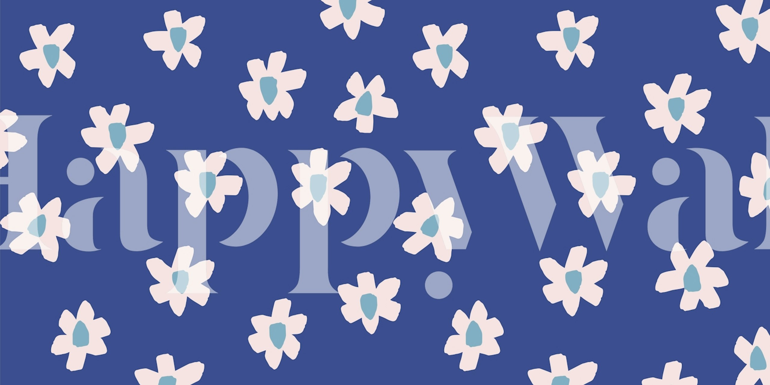 Small pink flowers with teal centers on cobalt blue wallpaper