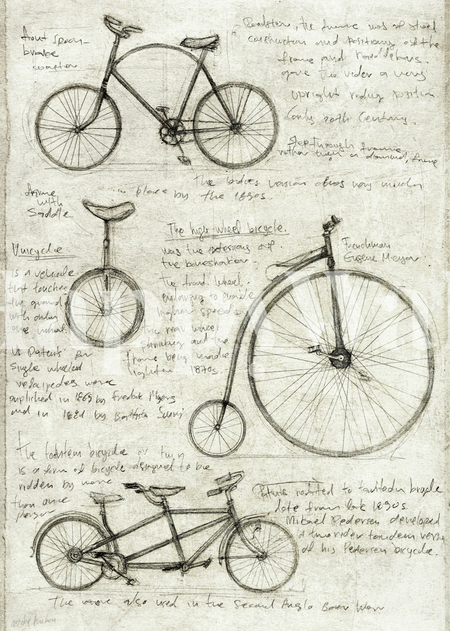 Vintage bicycle sketches in black and white wallpaper