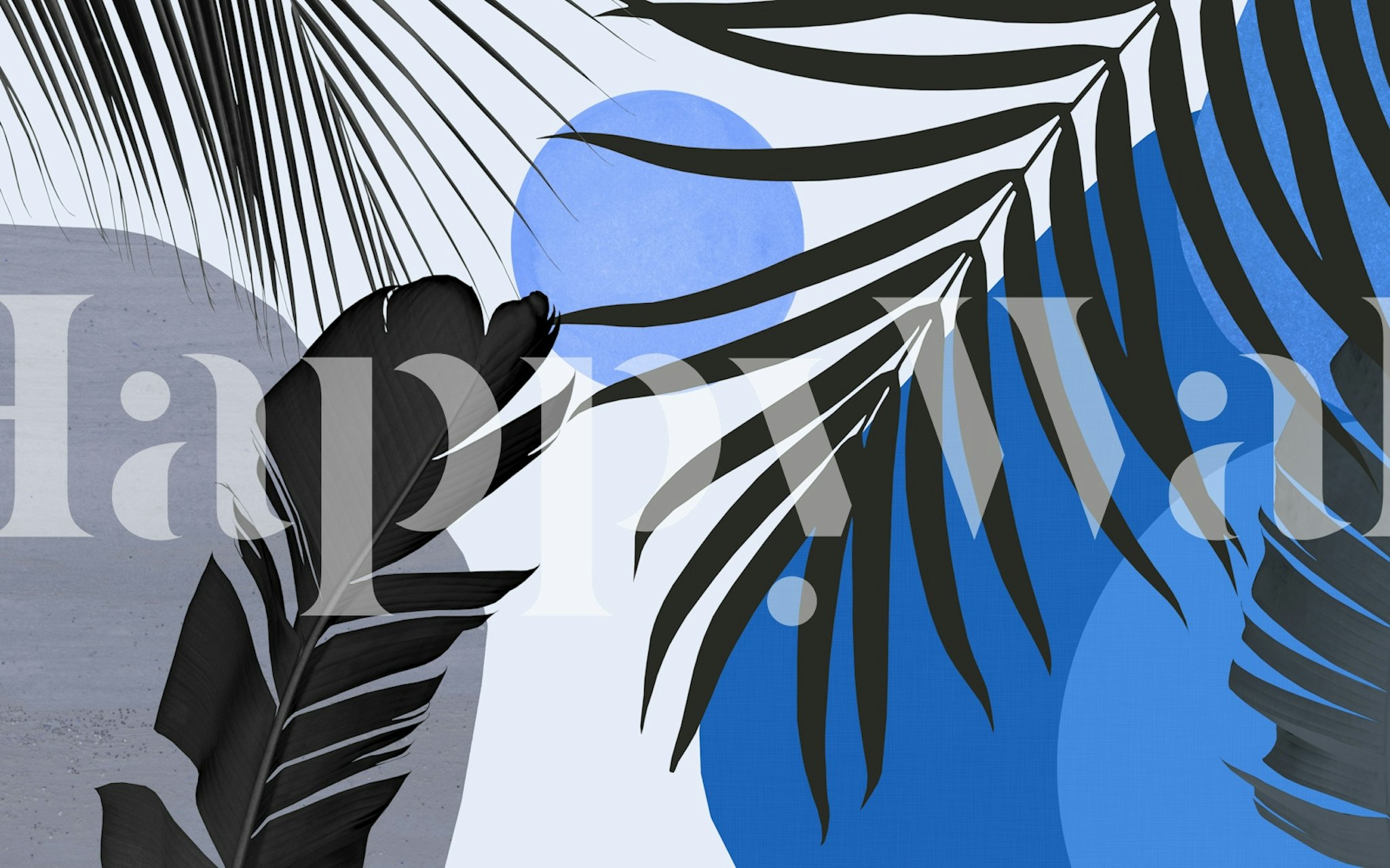Abstract palm leaves in black and blue on light background wallpaper