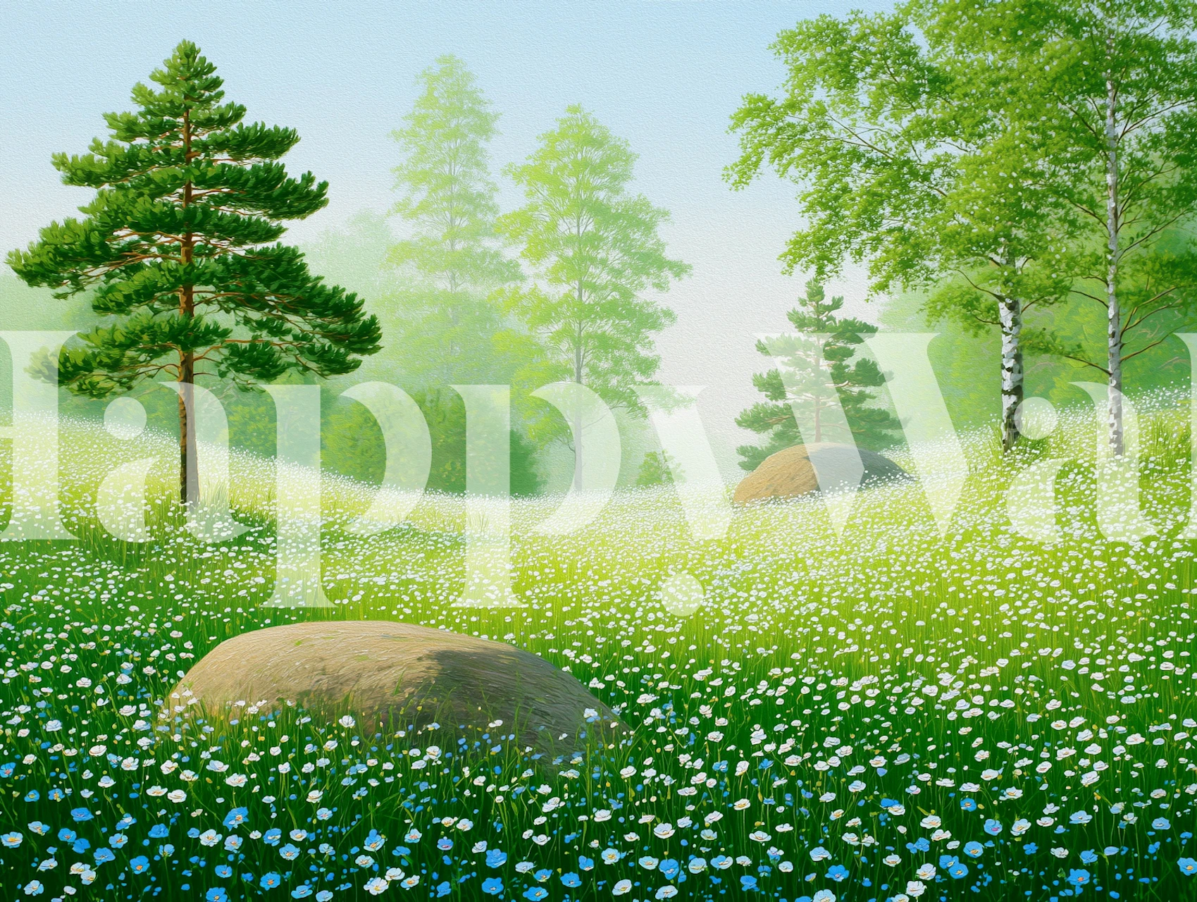 Idyllic spring landscape wallpaper in a room