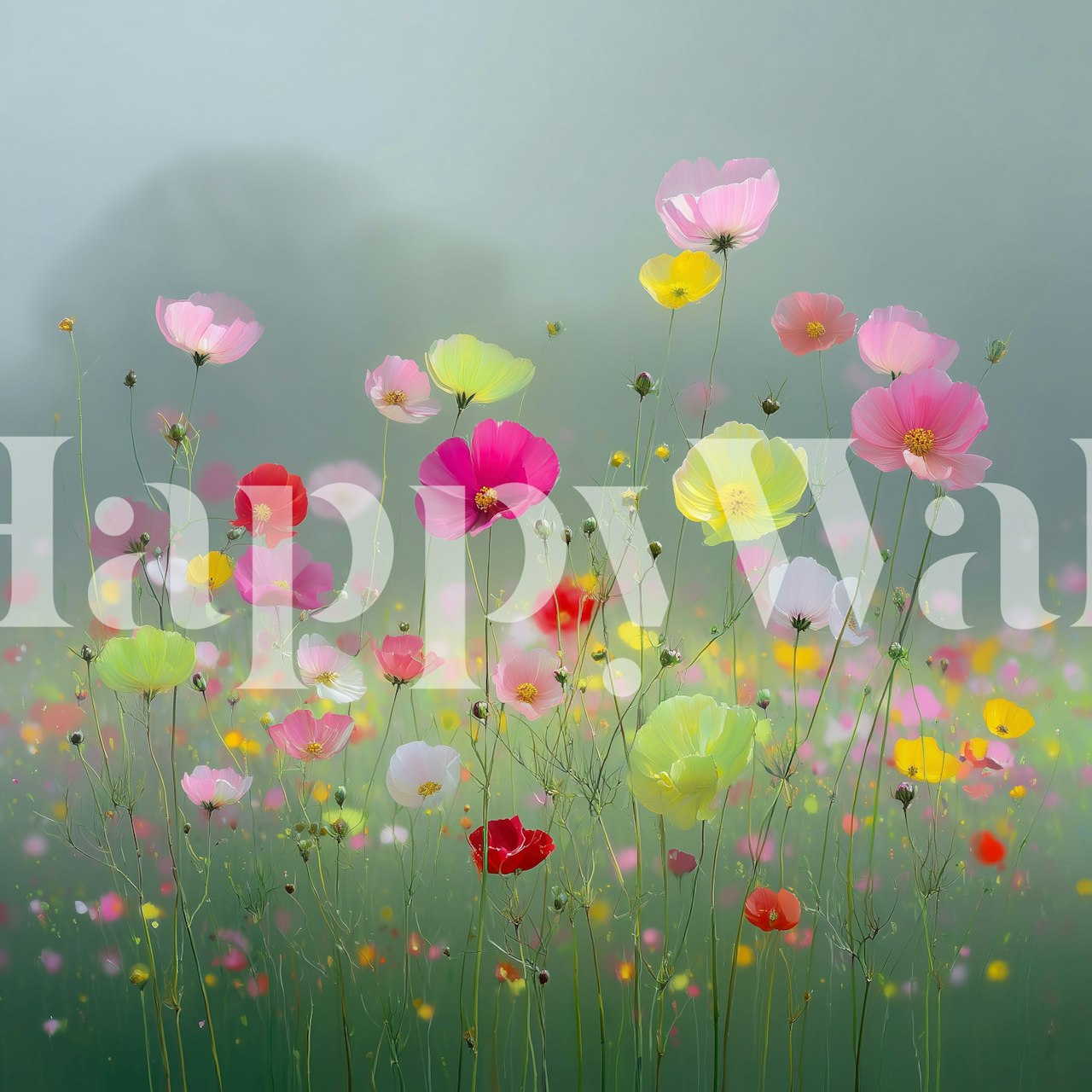 Φλοράλ ταπετσαρία με ροζ και κίτρινες ανθοφορίες