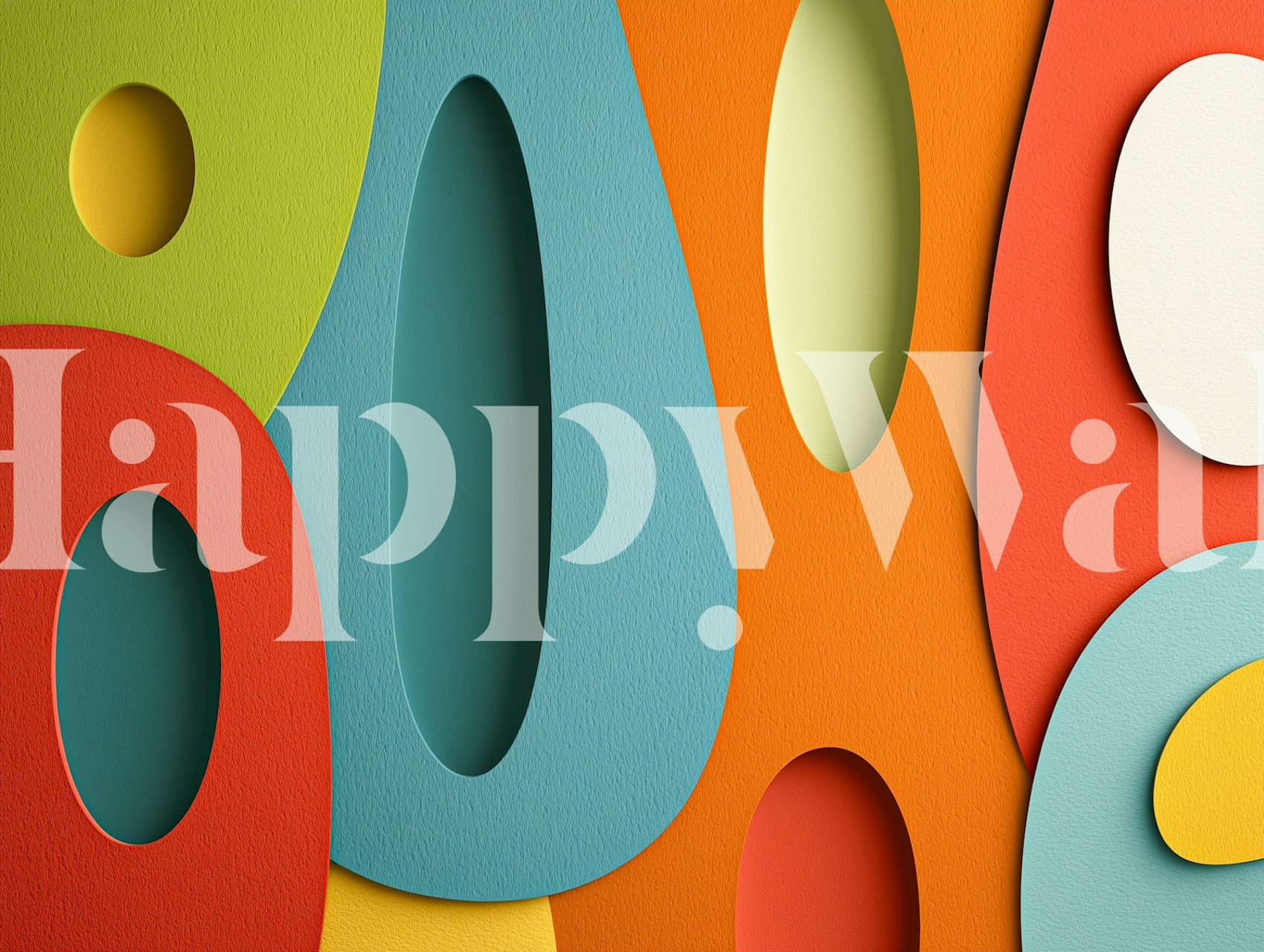 Colorful abstract shapes in green, orange, blue, and yellow wallpaper
