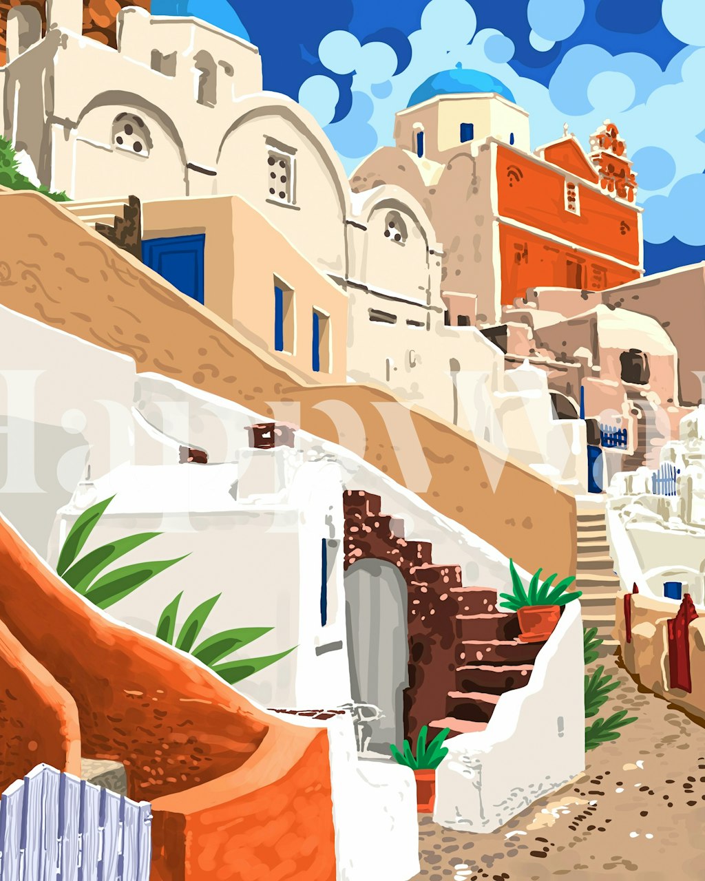 Santorini architecture in white and earthy tones with blue sky wallpaper