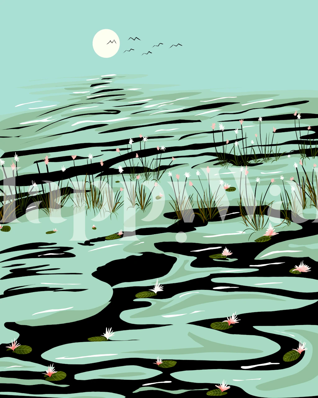 Floral lake scenery with teal water, pink lilies, and green plants wallpaper