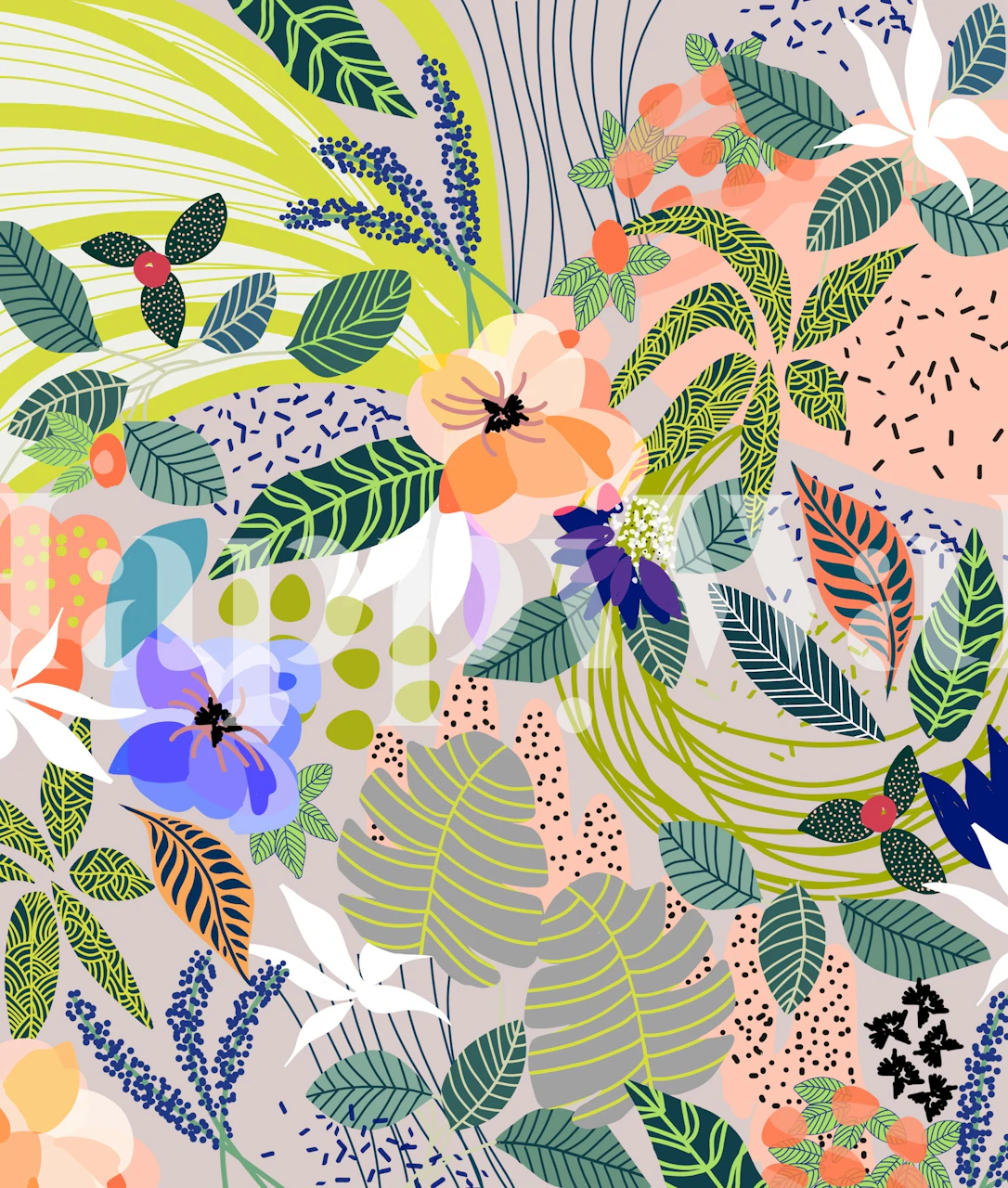 Tropical floral pattern with colorful flowers and leaves wallpaper