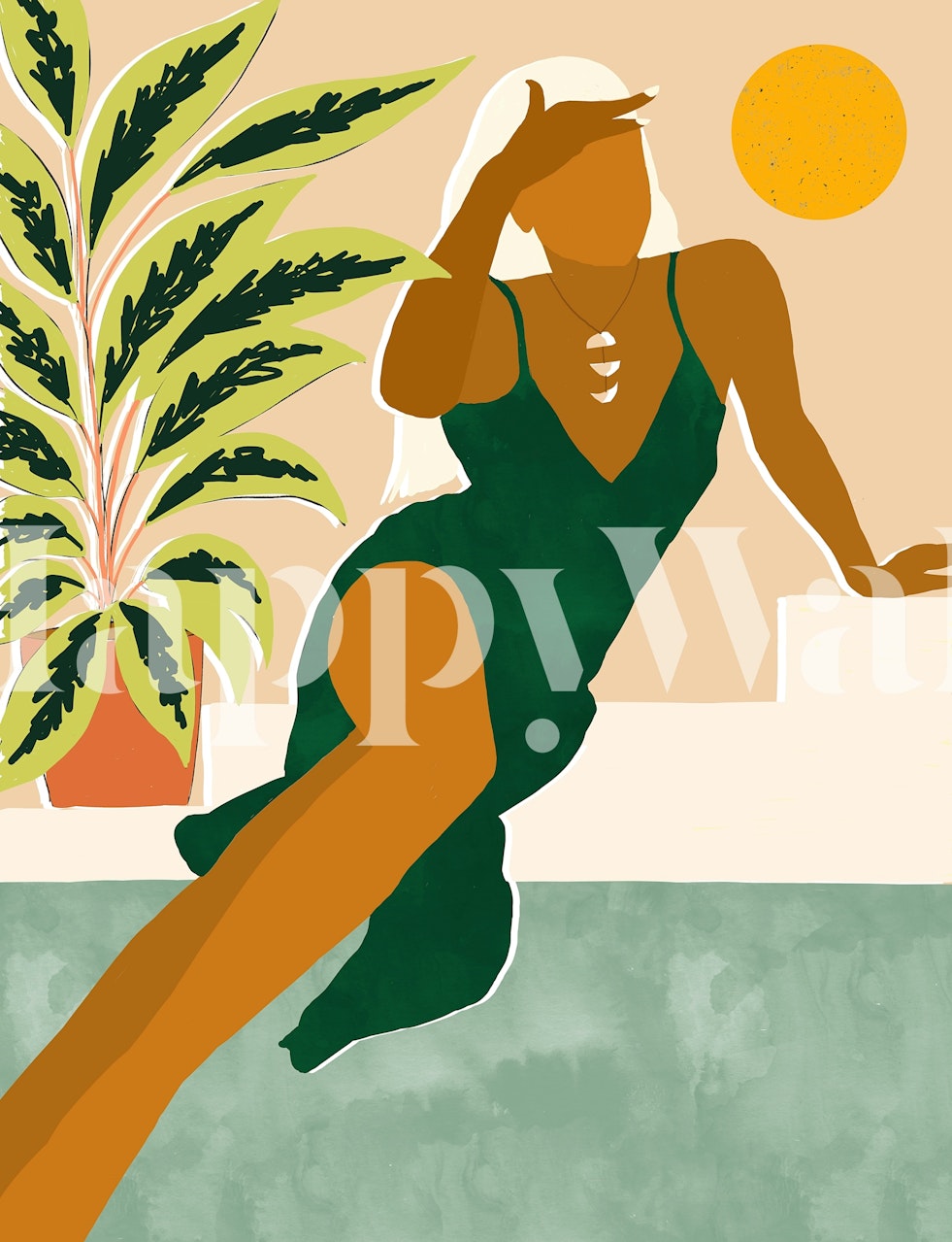 Artistic wallpaper featuring a woman by plants