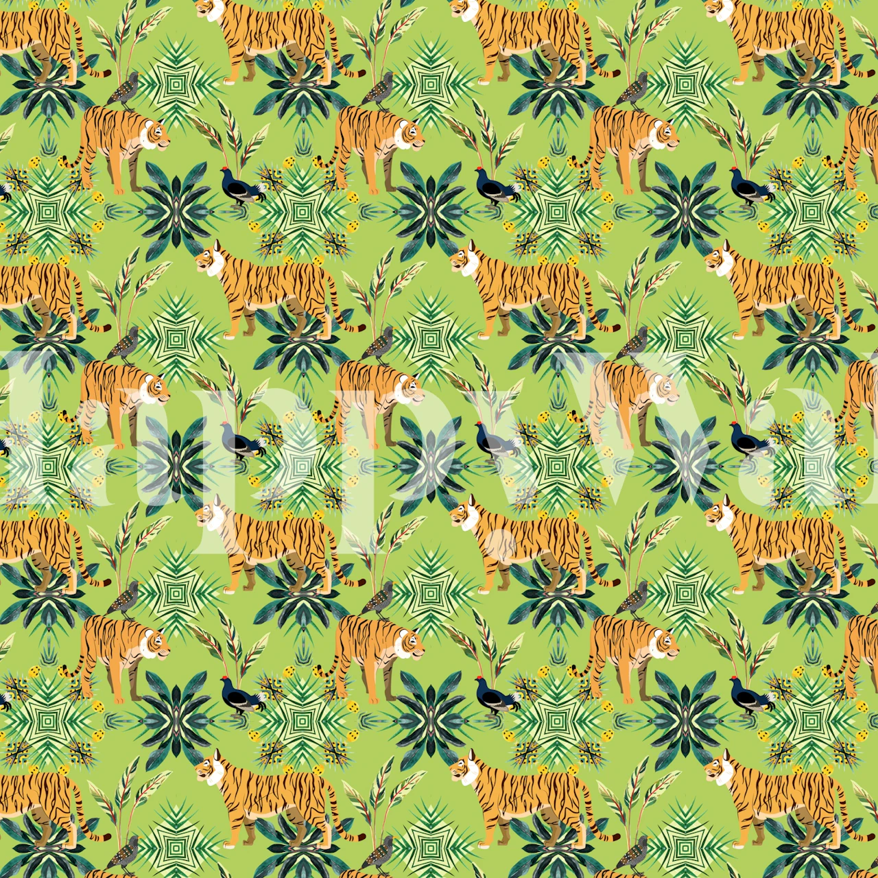 Tropical jungle with tigers and plants in green wallpaper