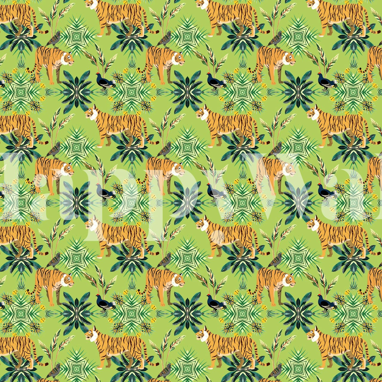 Tropical jungle with tigers and plants in green wallpaper