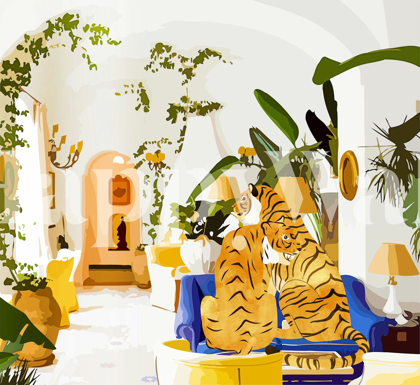 Tiger couple in a tropical setting with plants, colorful wallpaper