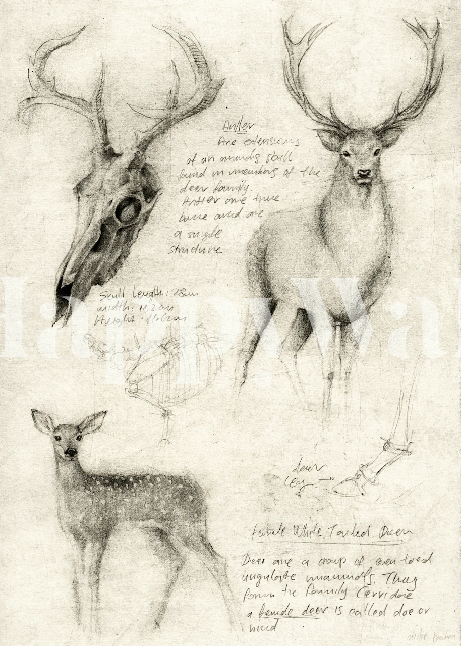 Deer sketches on beige background in vintage style wallpaper