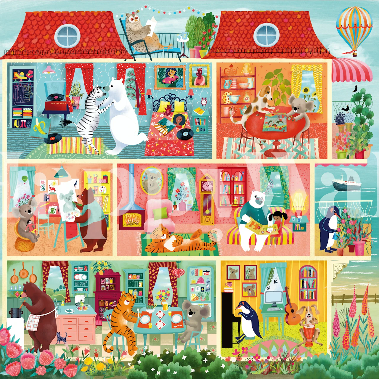 Colorful animal-themed beach house scenes in vibrant colors wallpaper