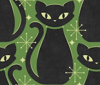 Mid Century Black Cat - on retro green tapete