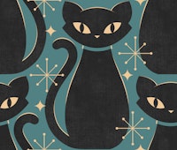 Mid Century Black Cat - on teal blue tapete