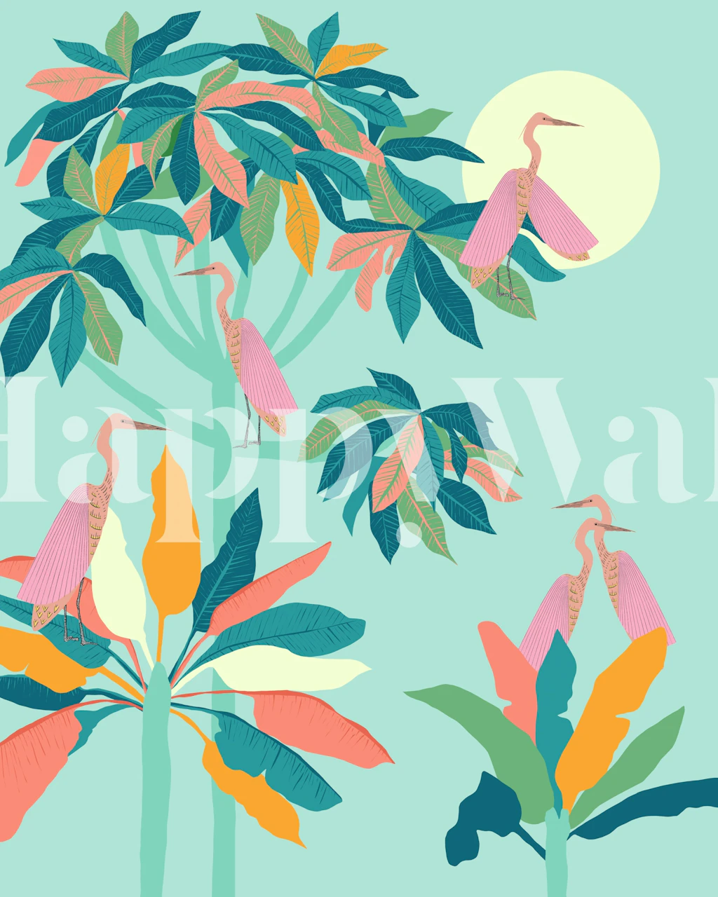 Tropical wallpaper featuring colorful birds and lush leaves on a teal background
