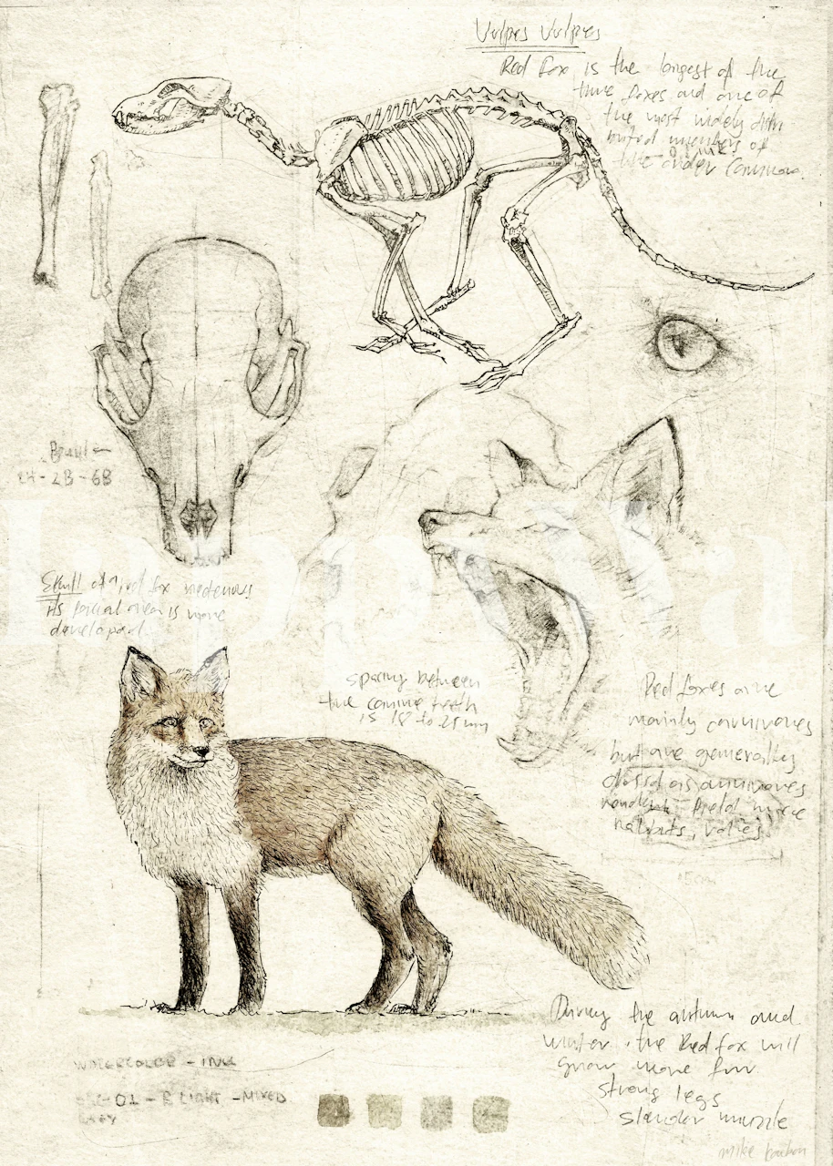 Fox sketches wallpaper displayed in a room