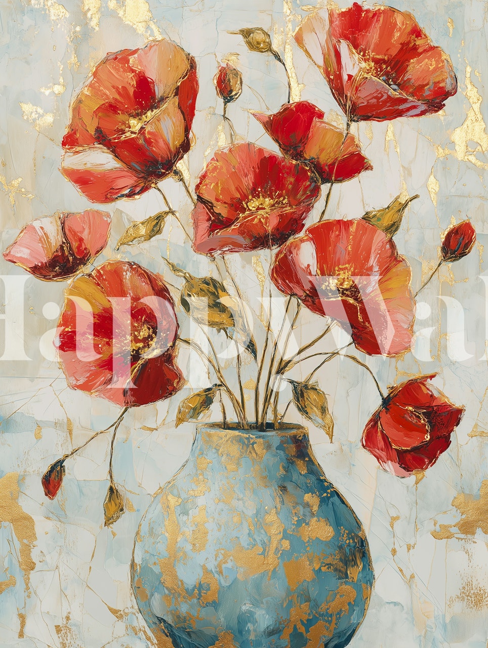 Red flowers in a blue vase with gold accents wallpaper